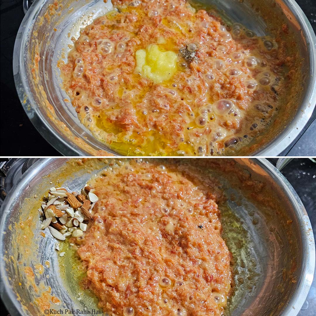 Adding ghee, cardamom and nuts to halva.