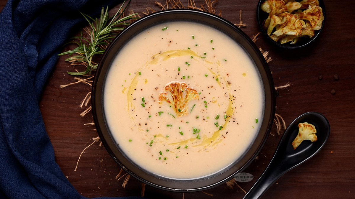 Cauliflower soup made without cream or milk.