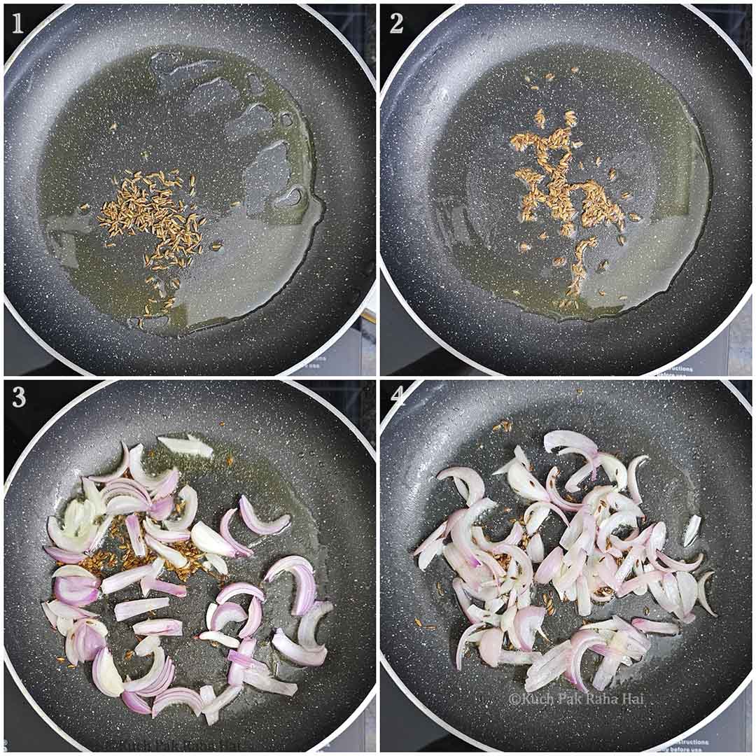 Sautéing jeera and onion in a pan.