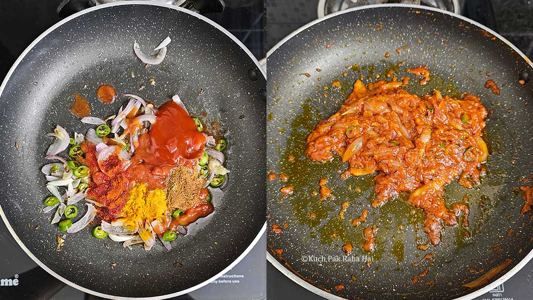 Cooking crushed tomatoes and spices in a pan.