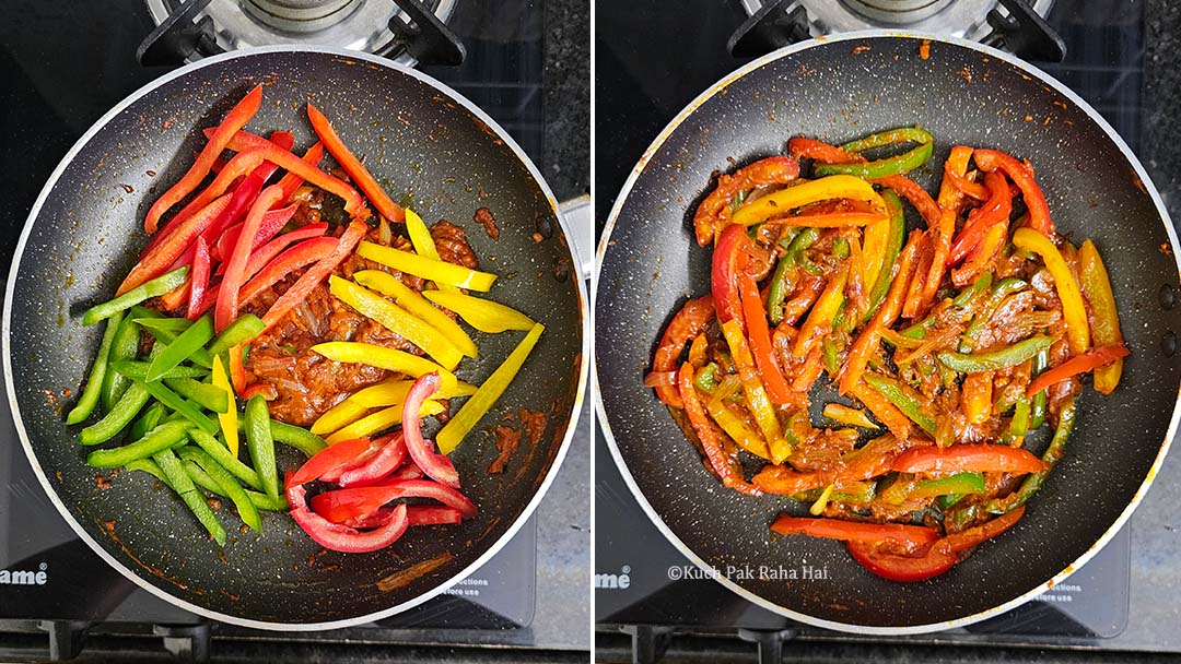 Adding sliced bell peppers to Indian masala mixture.