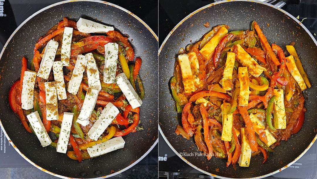 Adding paneer to sautéed veggies.