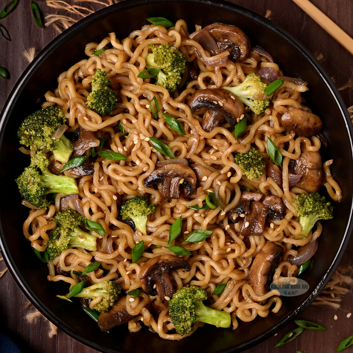 Vegetarian broccoli and mushroom ramen noodles.